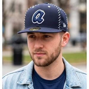 New Era 59FIFTY Atlanta Braves Team Stitch Fitted Hat Navy White Size 7 MLB New